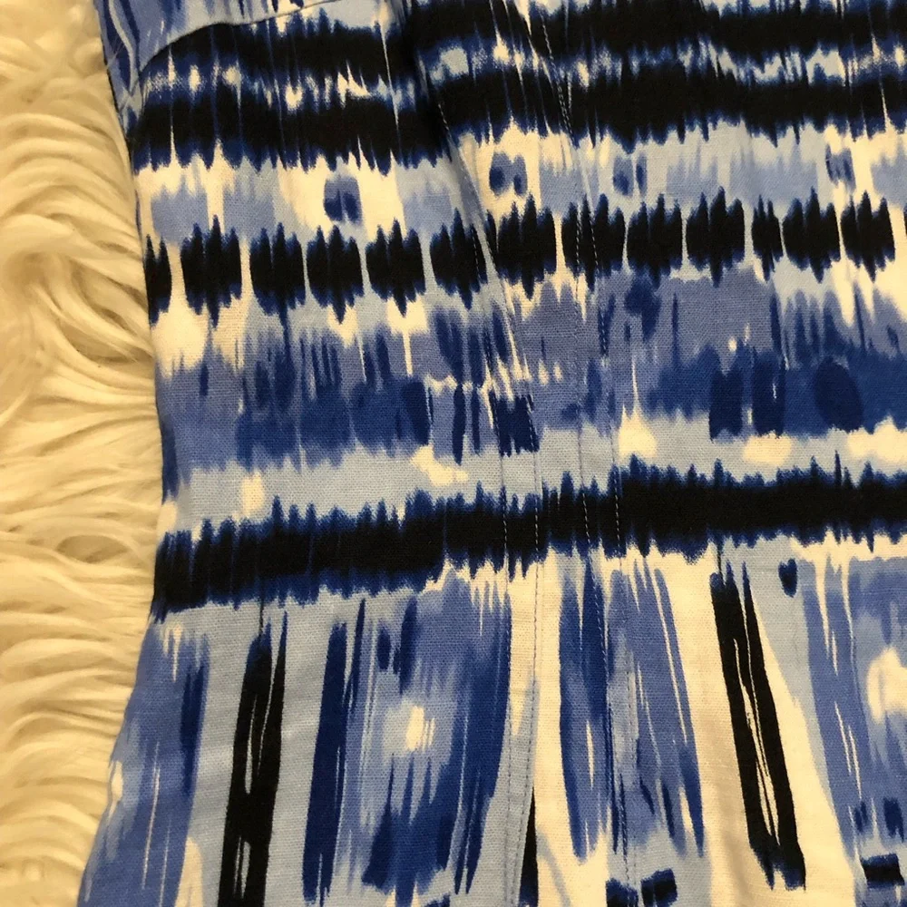 Tahari Linen Blend Tie Dye Ikat Prints Blue White Sleeveless Sheath Dress size 8 - Picture 16 of 16